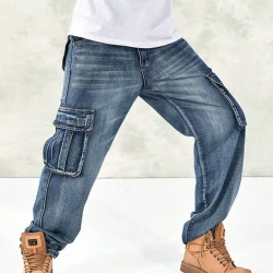 Mens Loose Fit Multi Pocket Cargo Jeans