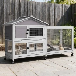 2-Tier Wooden Chicken Coop with Run on Wheels