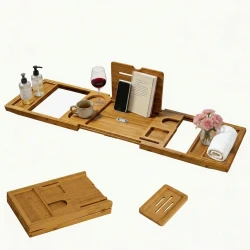 Foldable Bamboo Bath Tray with Wine Glass Holder