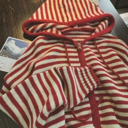 Stylish Contrast Stripe Hooded Cardigan for Women