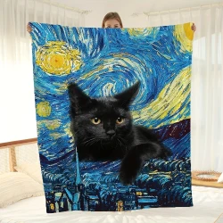 Van Gogh Starry Night Cat Flannel Blanket