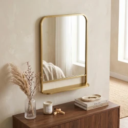 Gold Tone Rectangular Wall Mirror with Shelf