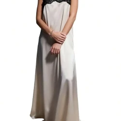 Womens Satin Long Dress with Lace Trim