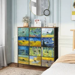 Retro Fabric Dresser with 12 Drawers for Storage