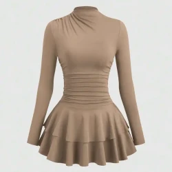 Petite Womens Beige Long Sleeve Vintage Dress