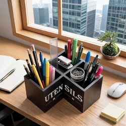Wooden Corner Kitchen Utensil Holder with Storage Compartment