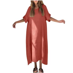 Plus Size Cotton Linen Summer Dress with Buttons