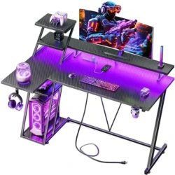 LED Gaming Desk with Power Outlet and Storage