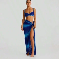 Blue Twisted Knit Cami Top High Waist Skirt Set