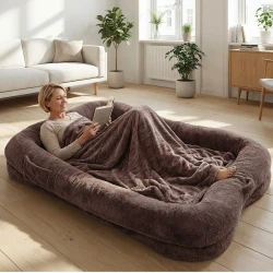Large Washable Plush Dog Bed with Pocket and Blanket