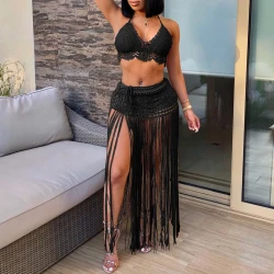 Women's Stylish Knitted Beach Bikini Set with Skirt