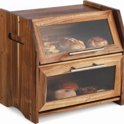 Acacia Wood Bread Box, Double-Layer Bread Storage Container with Clear Acrylic Door for Kitchen Countertop