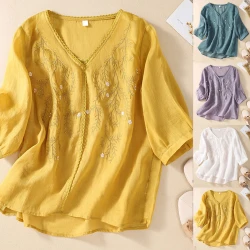 Summer Women Vintage Cotton Embroidery Loose Top