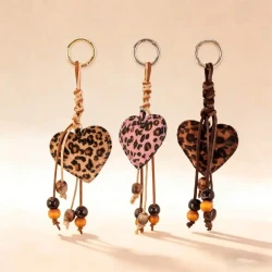 Vintage Leopard Print Heart Keychain with Tassels