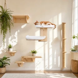 Solid Wood Wall Mounted Cat Bed with Cushion