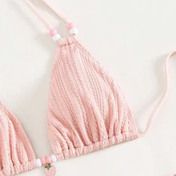 Pink Knit Triangle Halter Bikini Set with Beach Skirt