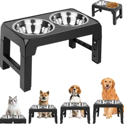 Adjustable Elevated Double Dog Bowl with Stainless Steel Bowls