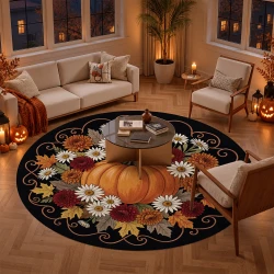 Autumn Pumpkin Floral Velvet Round Floor Mat