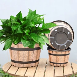 Set of Four Wood Look Barrel Planters