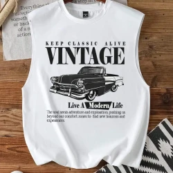 White Vintage Car Graphic Tank Top for Men