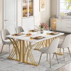 Large Modern White Gold Computer Desk Set