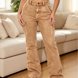 High Rise Flare Leg Khaki Denim Pants for Women